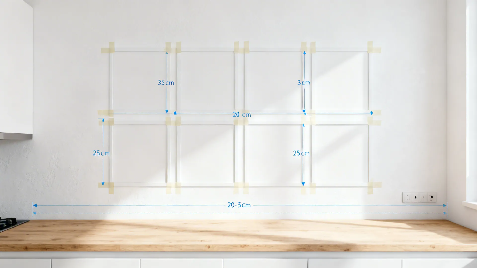 Top-down view of painter’s tape guides mapping a 3x2 gallery grid above a counter.
