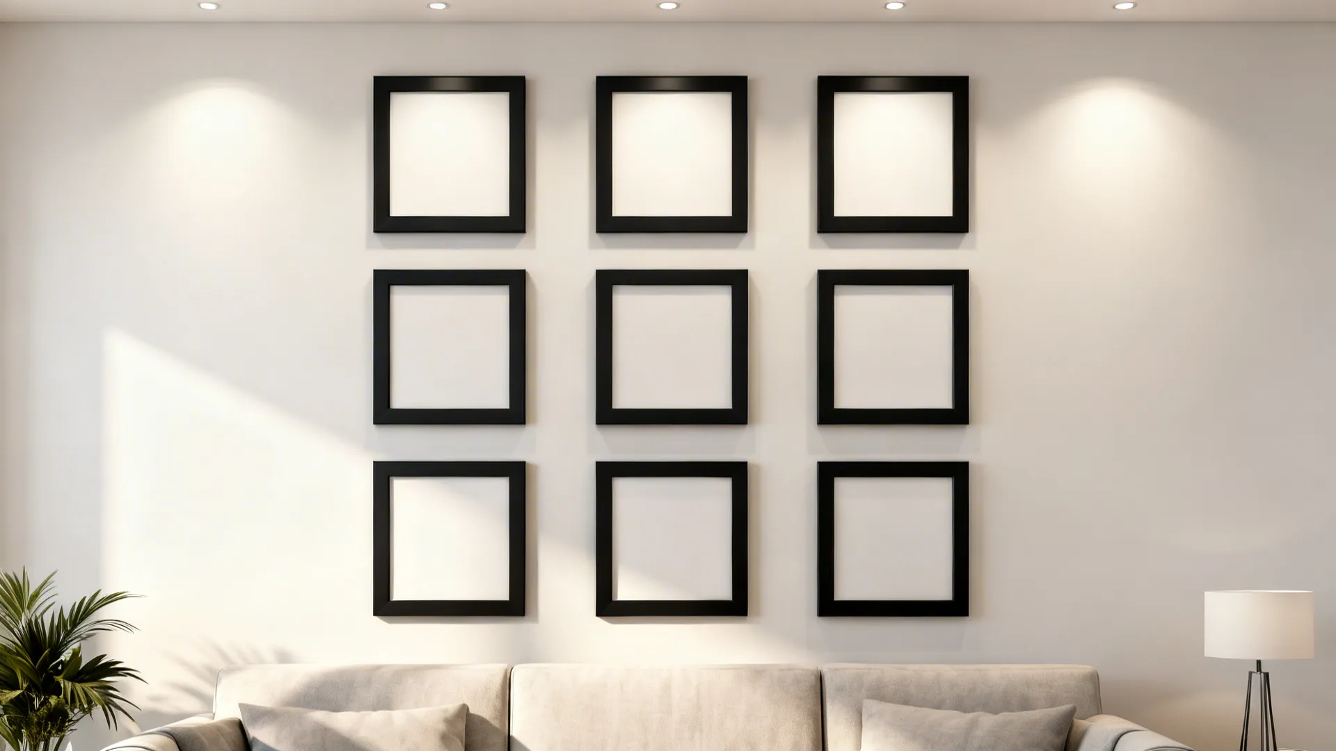 Minimal living room wall with a crisp 3x3 grid of matching black frames.