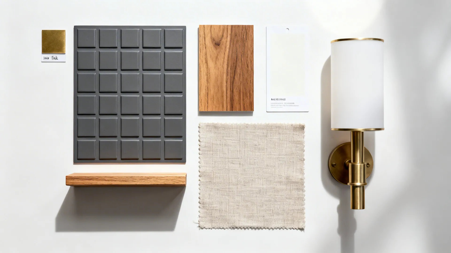 Flat lay of charcoal grid sample, low-sheen brass, oak, linen, and warm white paint.