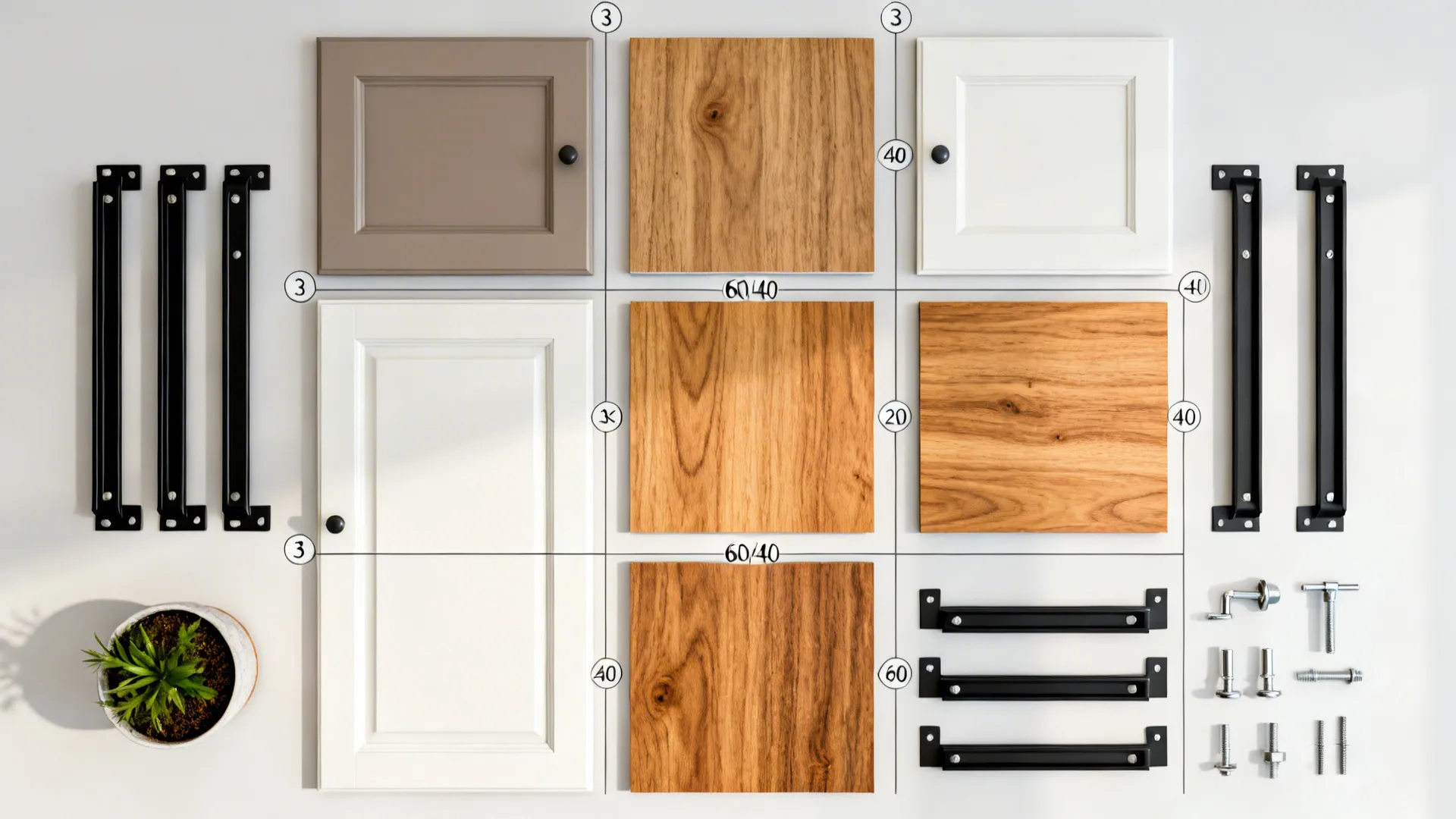 Top-down flatlay of matte fronts, oak veneer, black rails, and hardware for a modular grid wall.