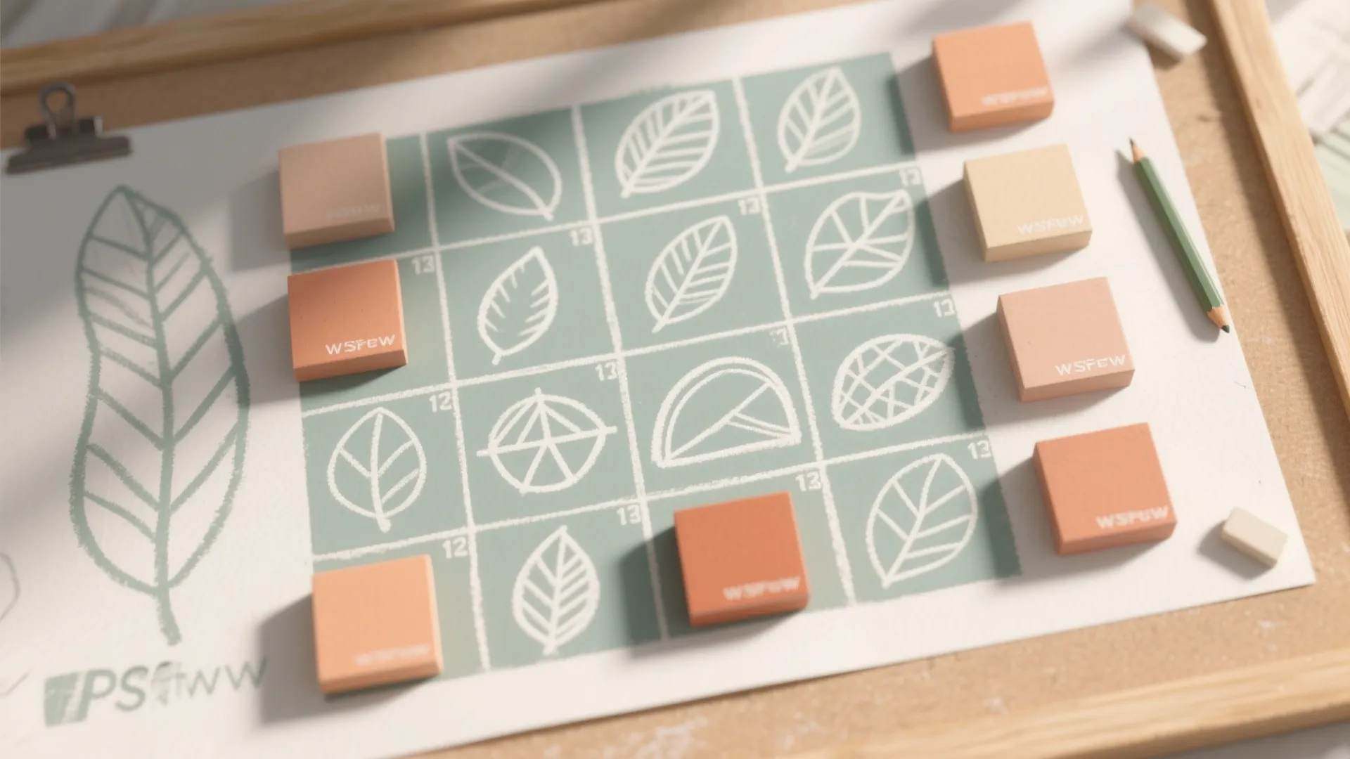 Green grid paper with leaf drawings and orange color sample blocks on a wooden desk