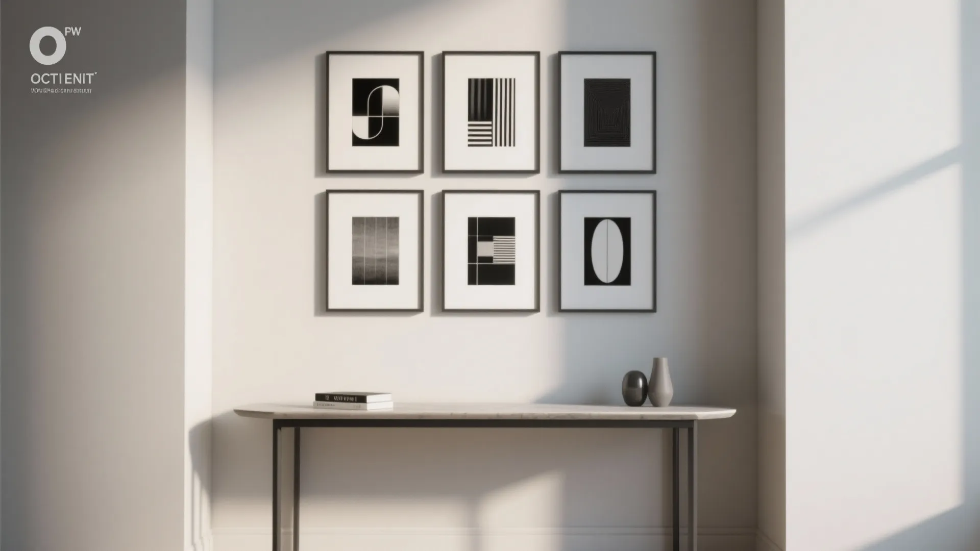 Narrow wall with a 3x3 grid of small black-and-white prints above a console table
