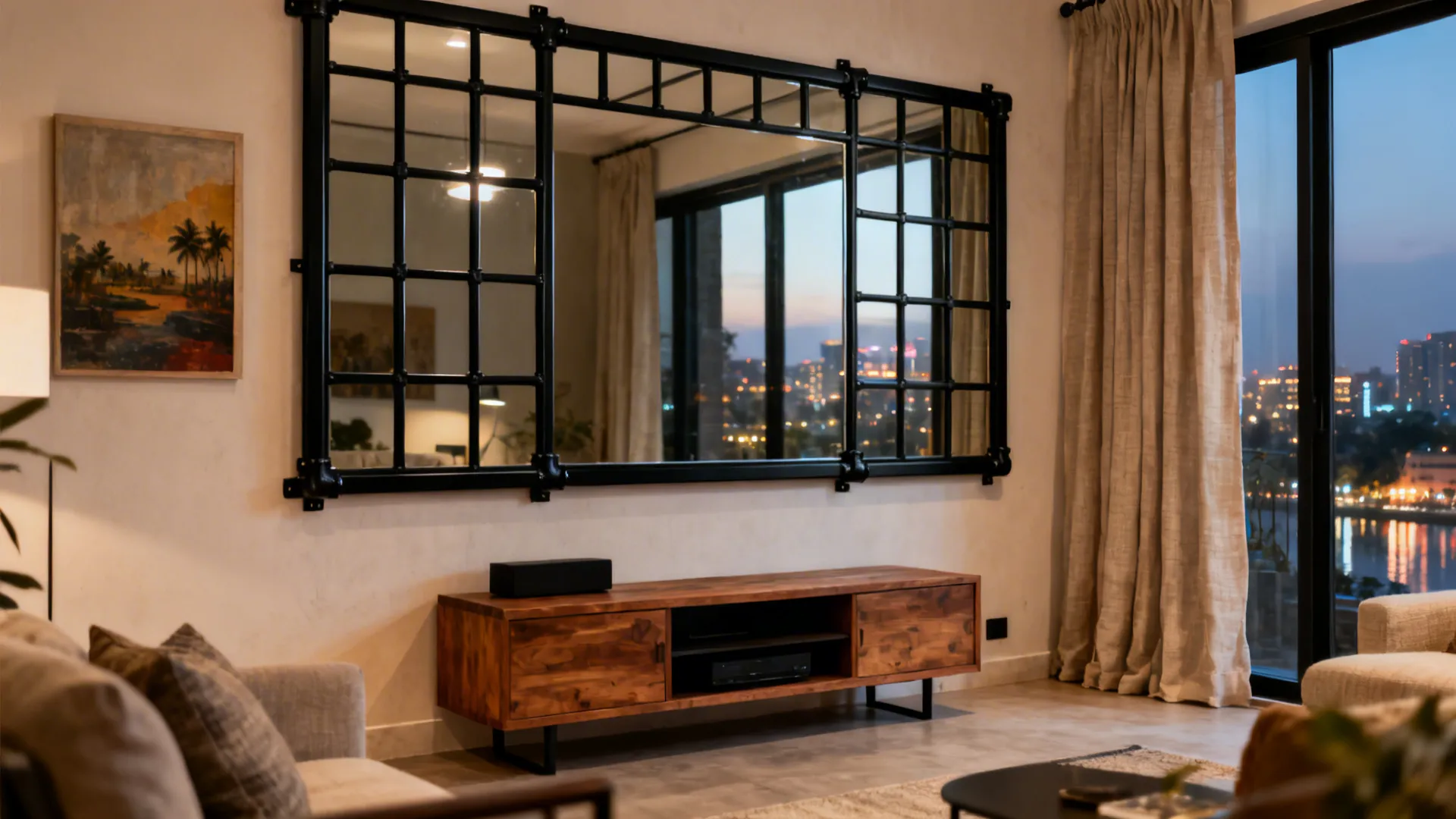 Black metal grid mirror above a media unit brings modern-industrial flair to a cozy living room.