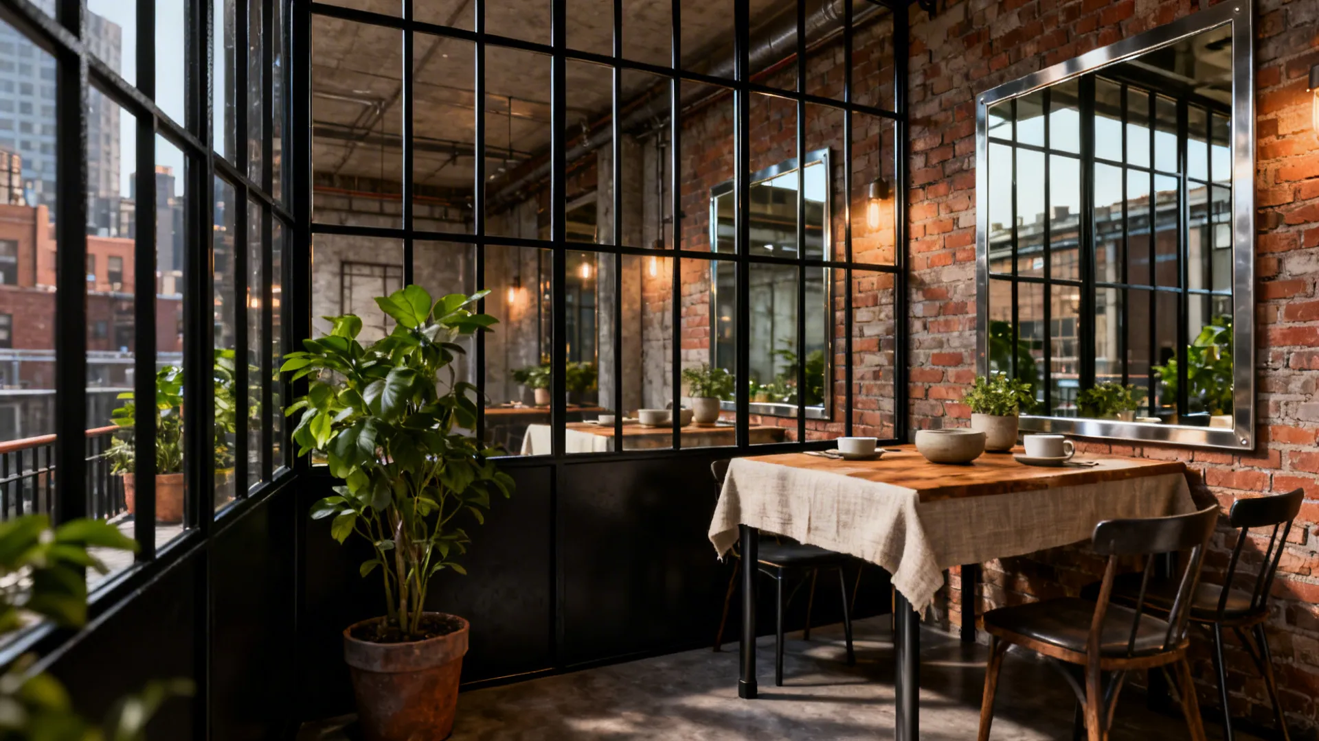 Mirrored panels with slim metal grids creating a modern-industrial vibe in a dining nook