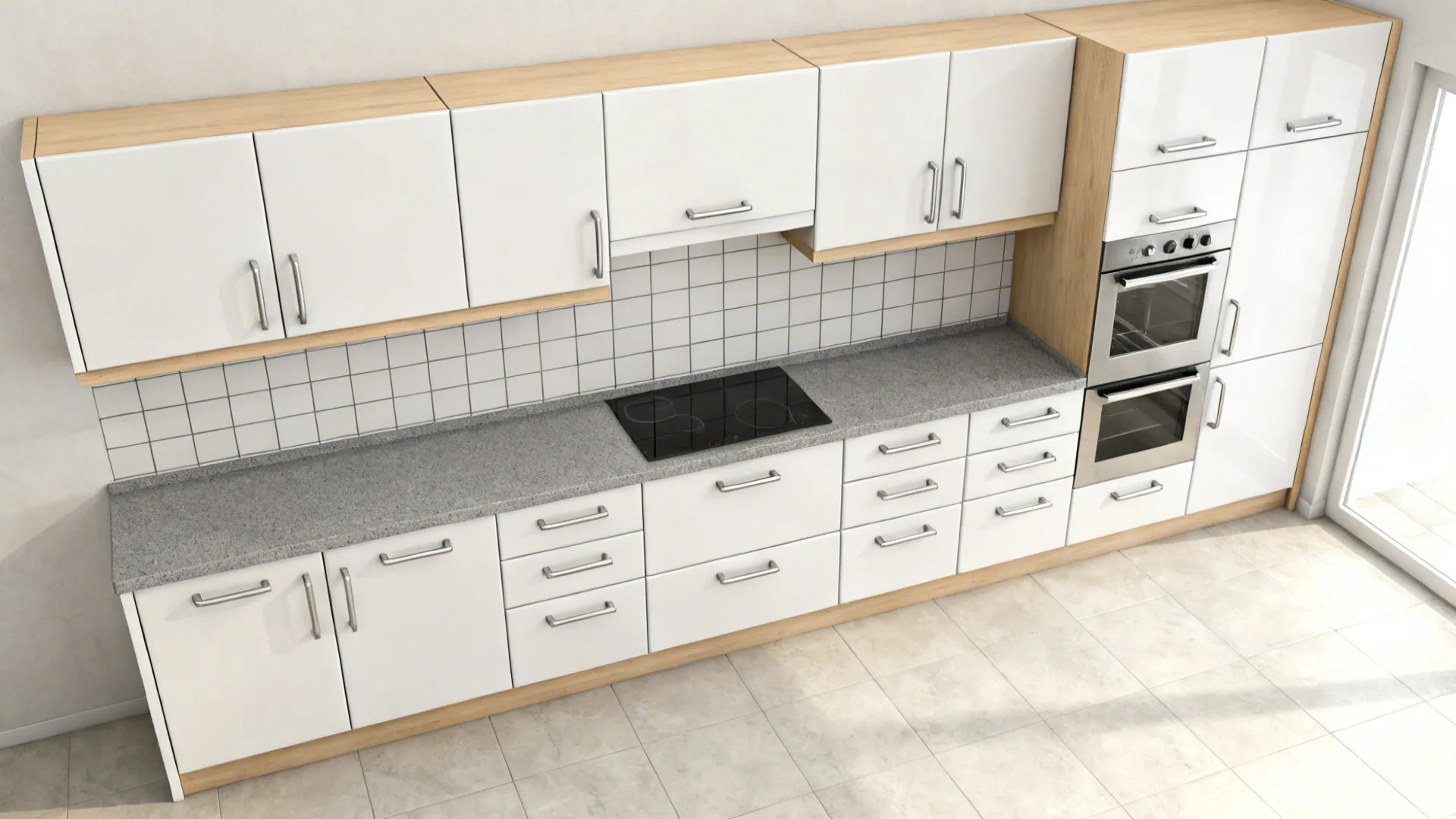 Top view of kitchen with 300-600-300 grid modules, aligned doors and drawers for a clean rhythm.