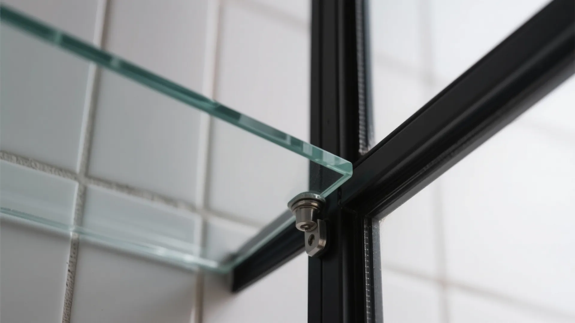 Close up of glass shelf hardware attached to black metal frame with white tile background