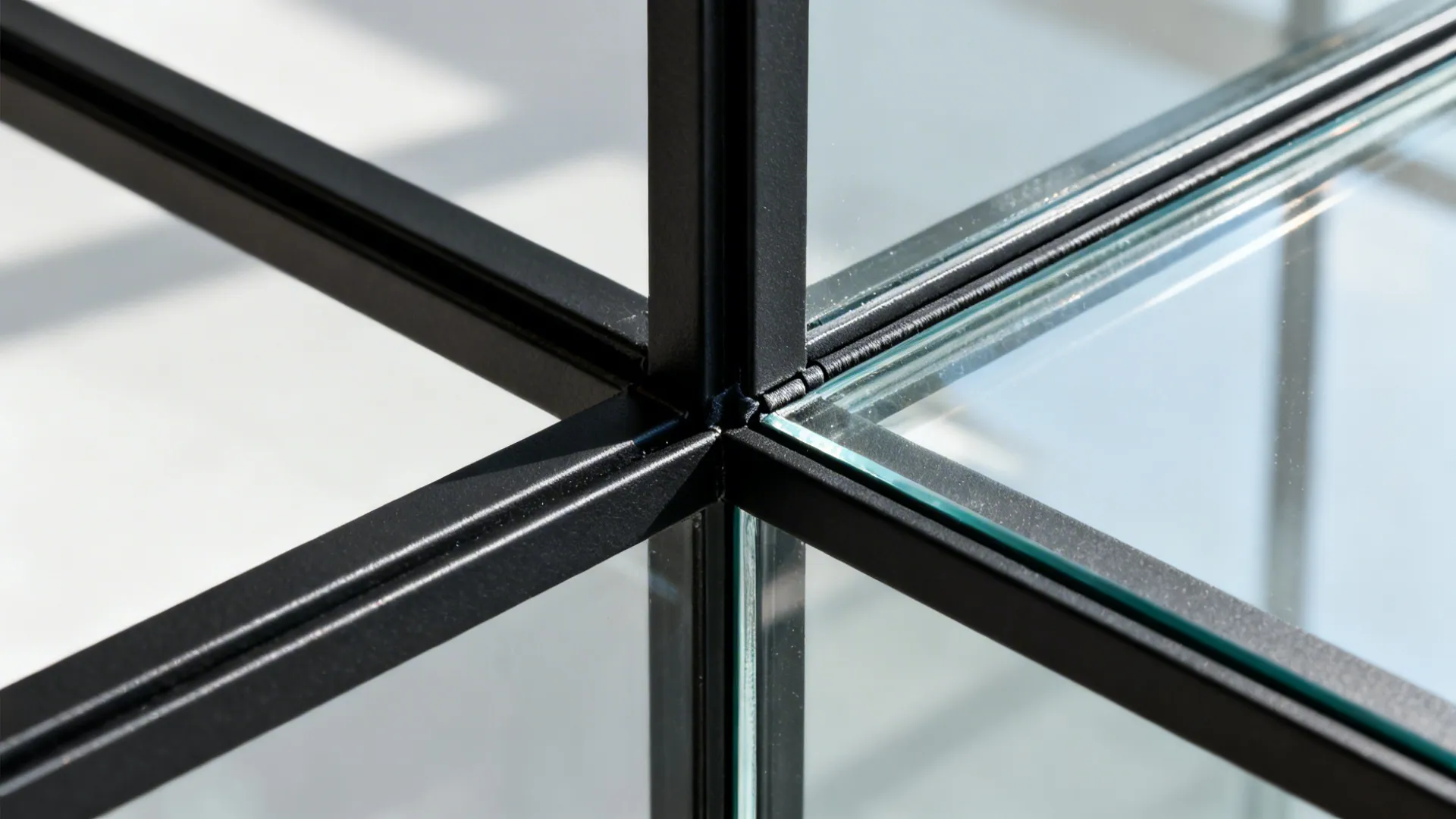 Macro of matte black mullion and clear glass junction with precise alignment.