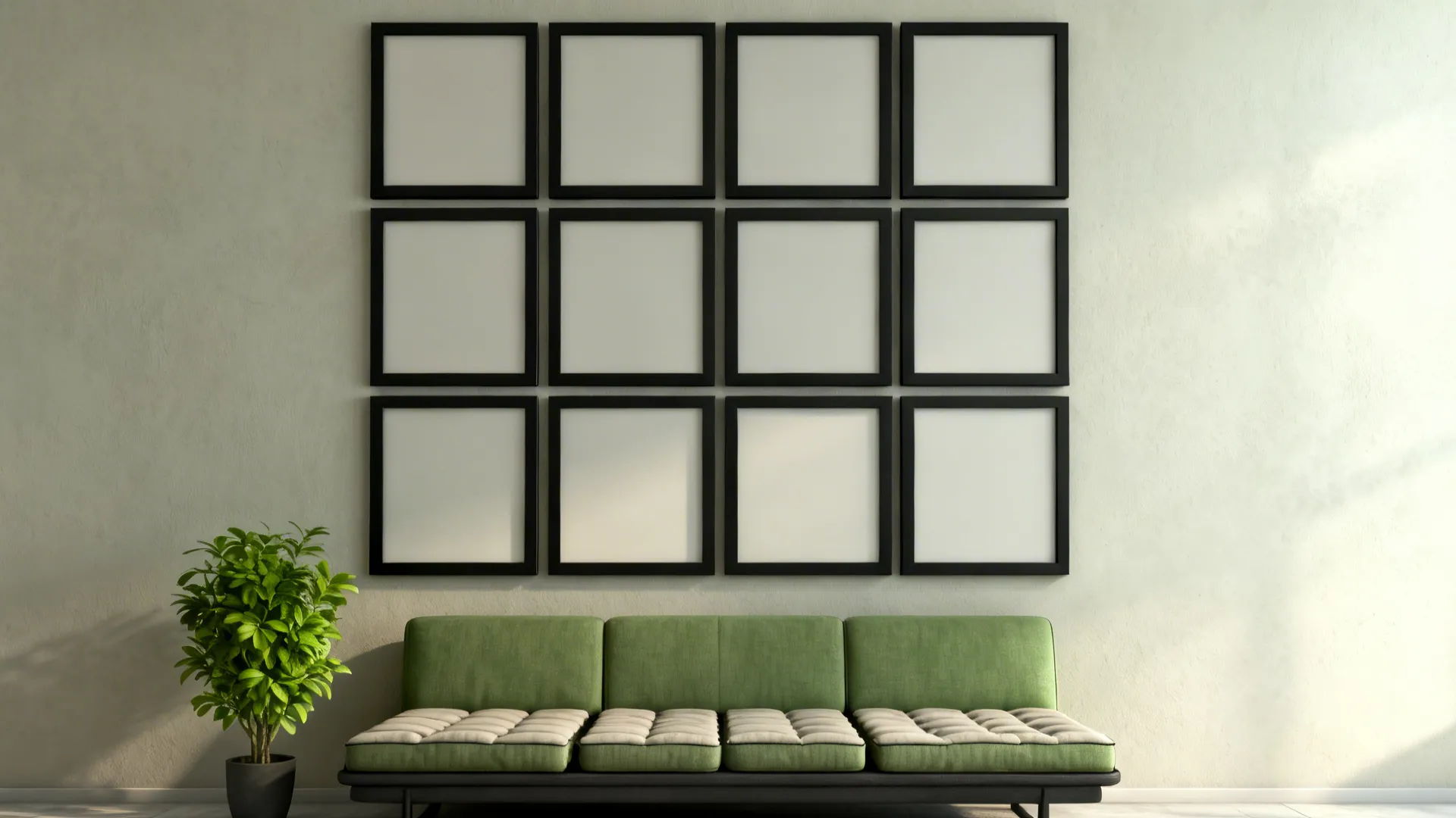 3x3 grid of identical frames above a compact sofa creating a calm modern rhythm.
