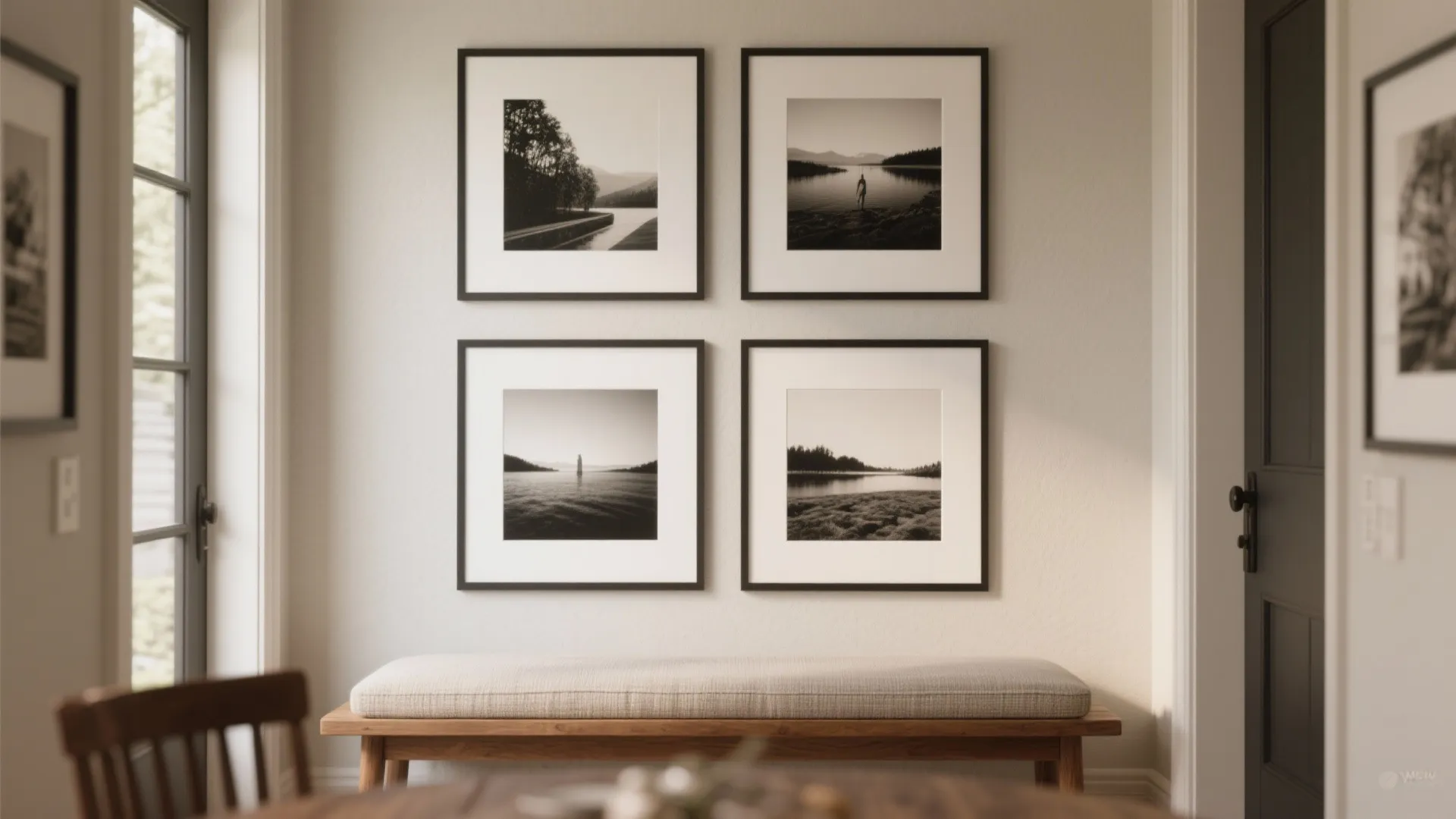 Four square black picture frames in grid above a wooden bench with light grey cushion