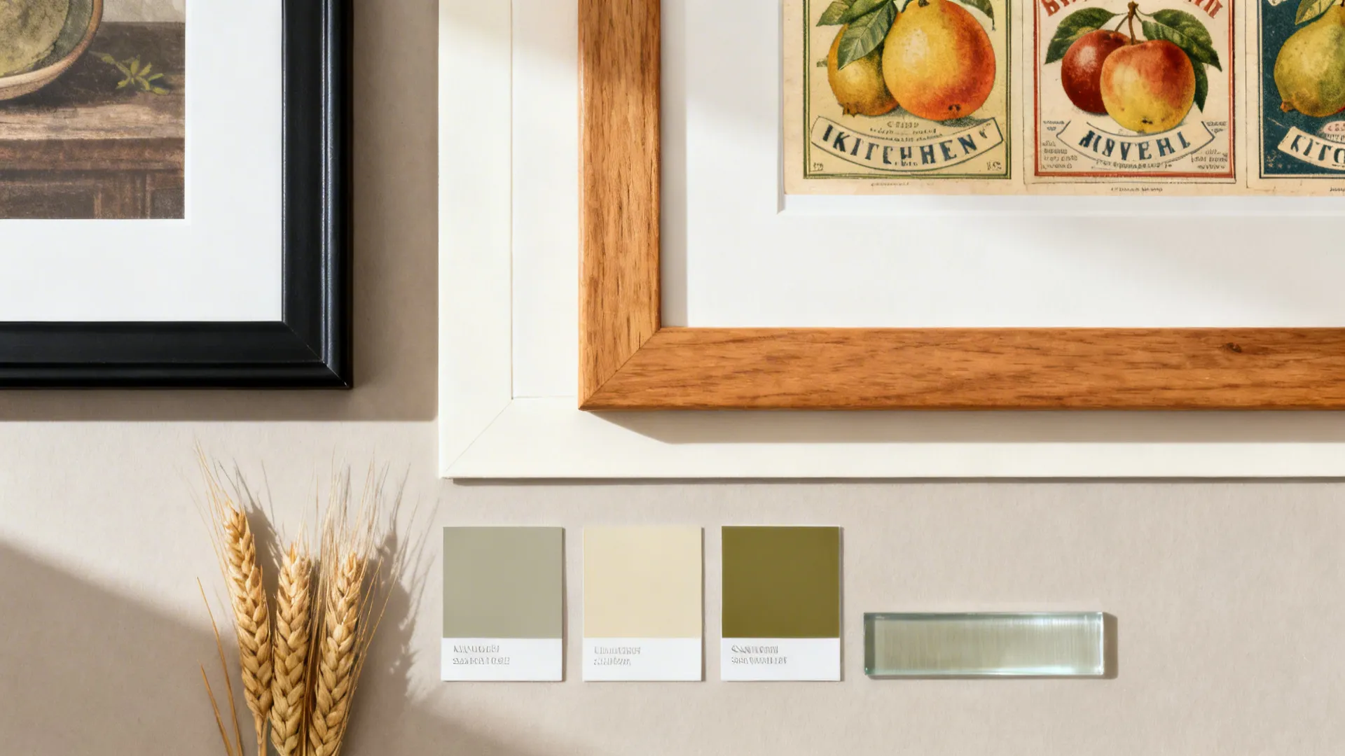 Flat lay of frames, mat board, vintage print mockups, and warm neutral paint chips.
