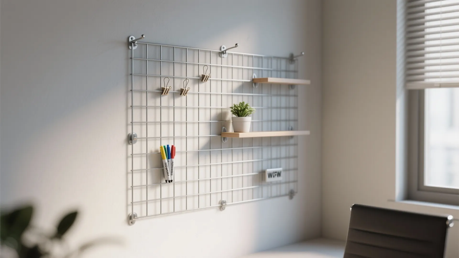 Metal wall grid panel with small shelves and plant on a white wall near window
