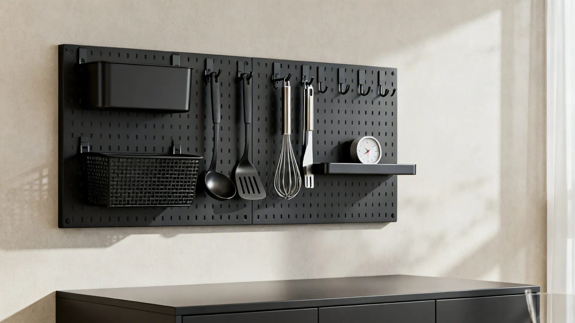 Modular wall grid with baskets, hooks, and a slim shelf organizing utensils.