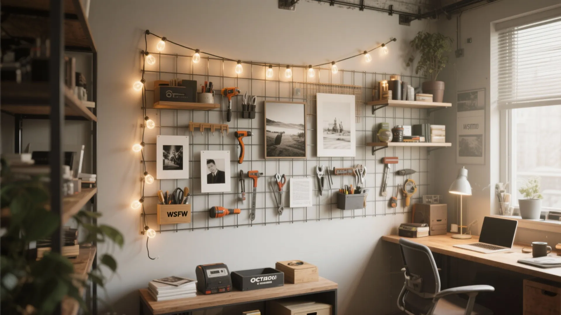 Workplace with wooden desk laptop chair and metal wall grid holding tools pictures and lights