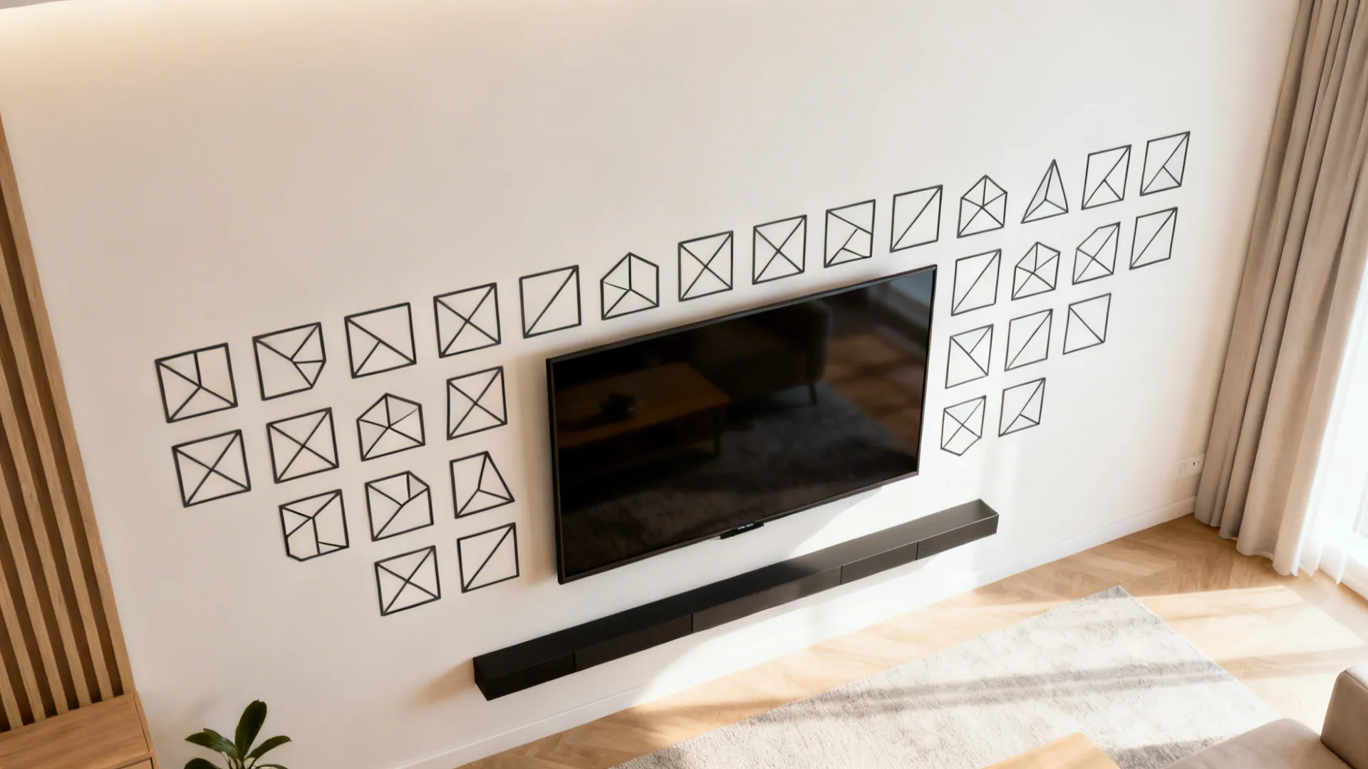Top-down visualization showing alignment and spacing guides for geometric decals around a TV.