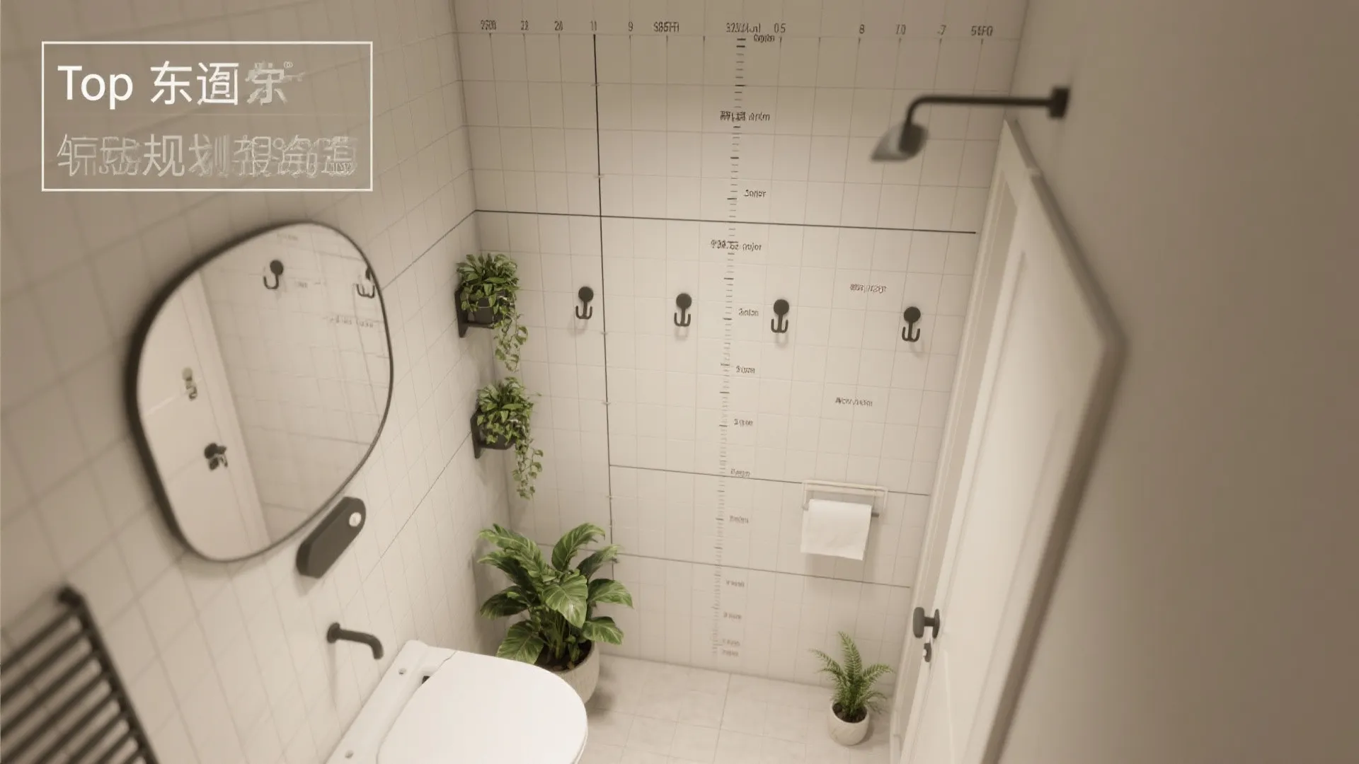 Top-down guide for wall grid spacing, hook positions, and door clearance.