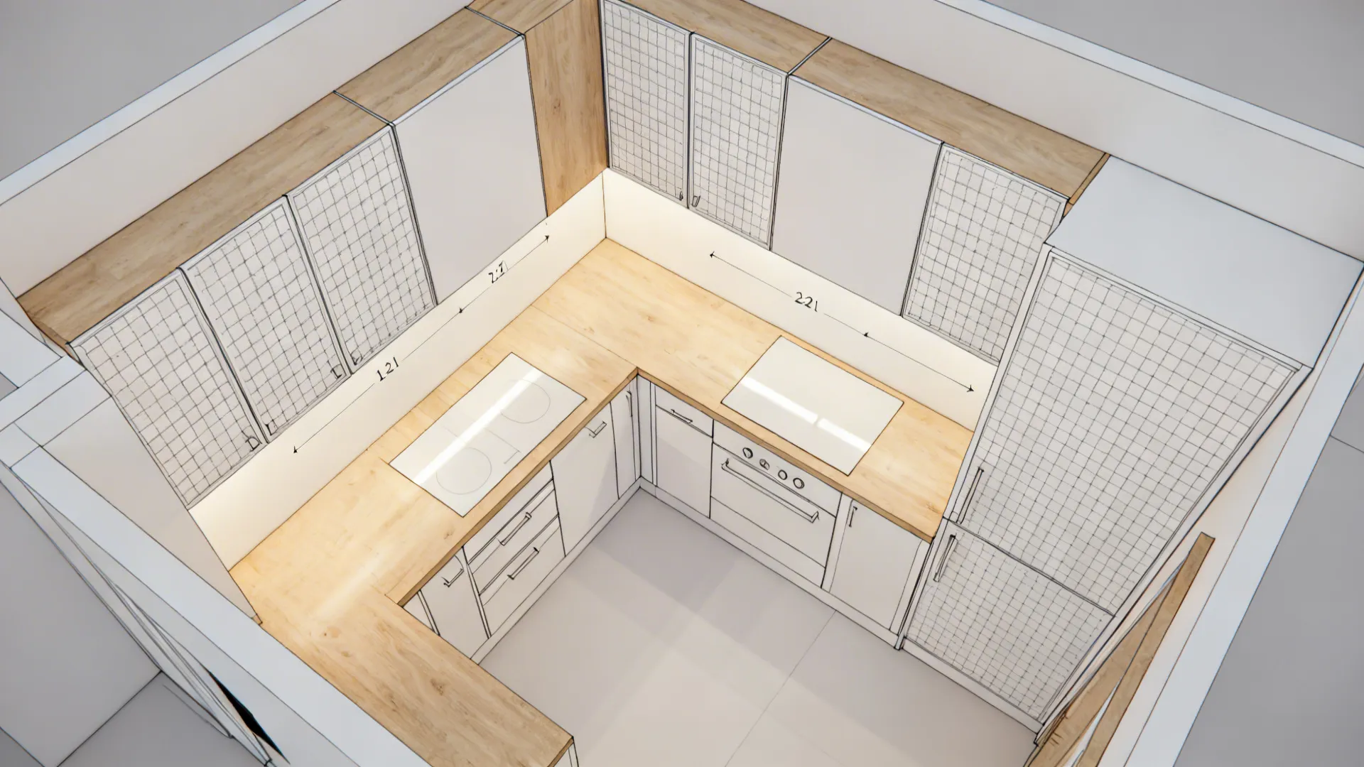 Interior design drawing showing a U-shaped kitchen layout with wood countertops white cabinets and measurements