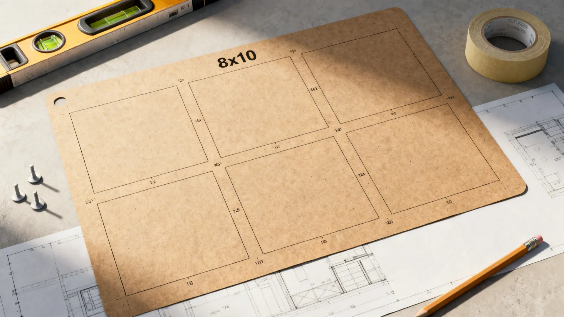Brown cardboard template with grid lines on floor plan with level pencil and adhesive tape