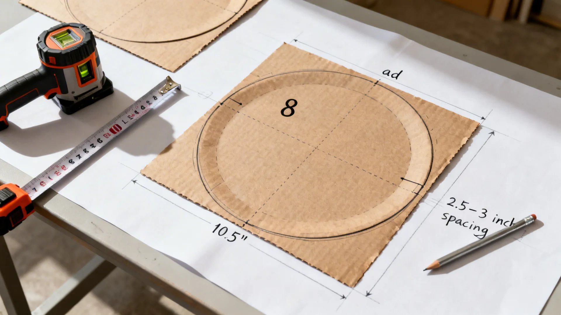 Top-down view of kraft paper plate templates, laser level, and measuring tools for grid planning.