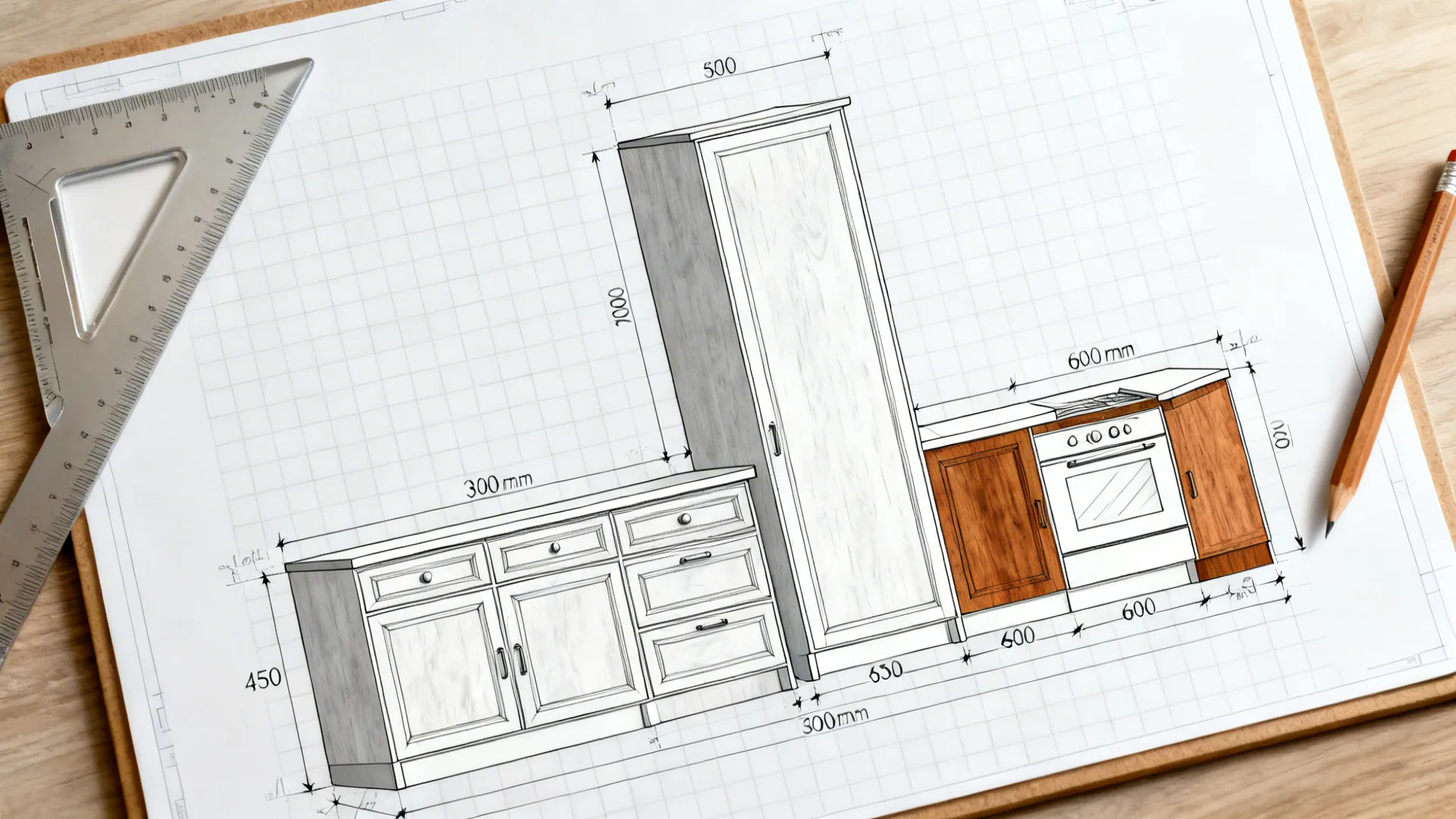 Top-down 2D plan showing kitchen and wardrobe modules aligned on a 300 mm grid with fillers and appliance bays.