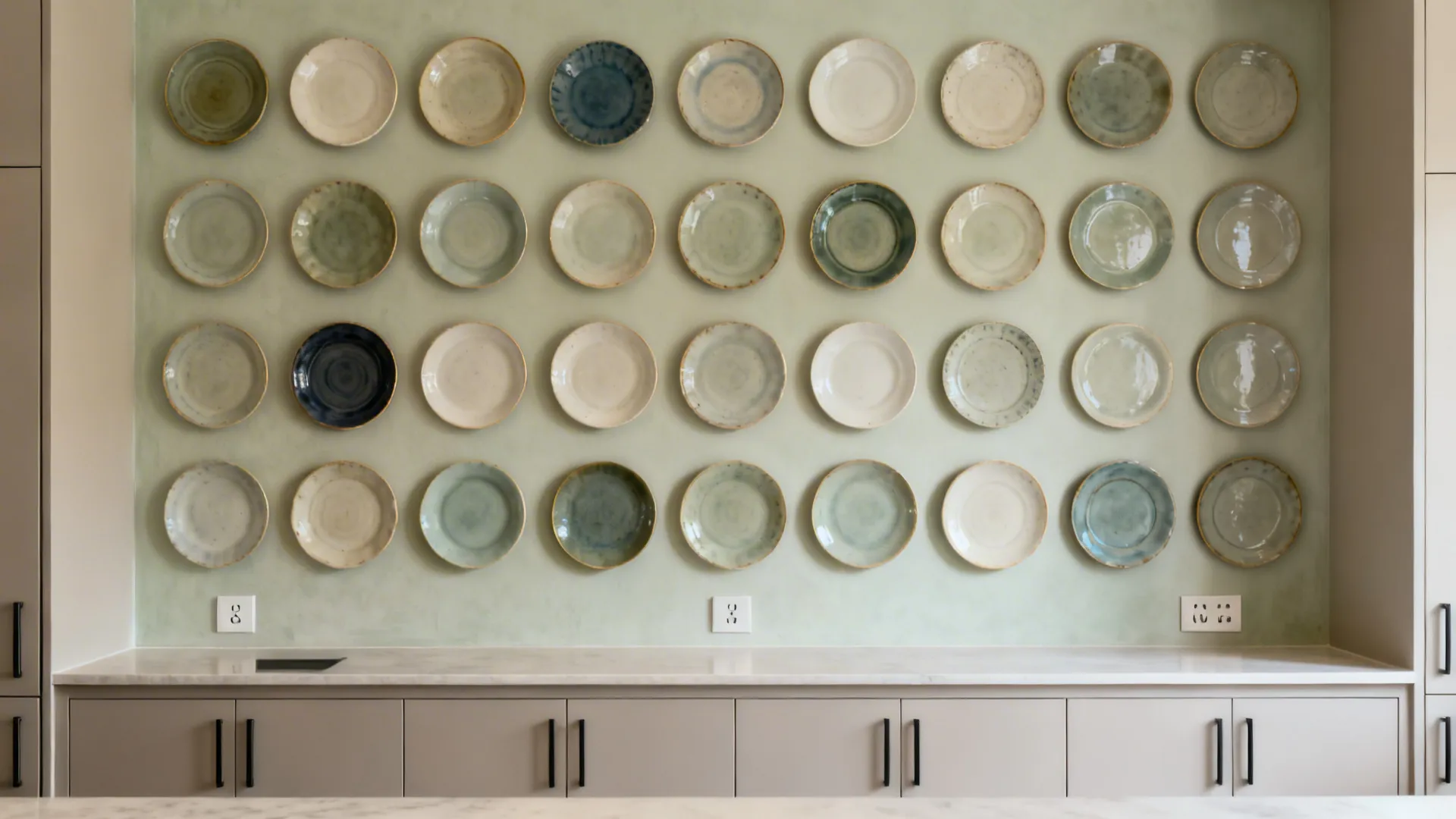 Tight grid of mixed-size plates aligned with kitchen cabinet lines on a neutral wall.