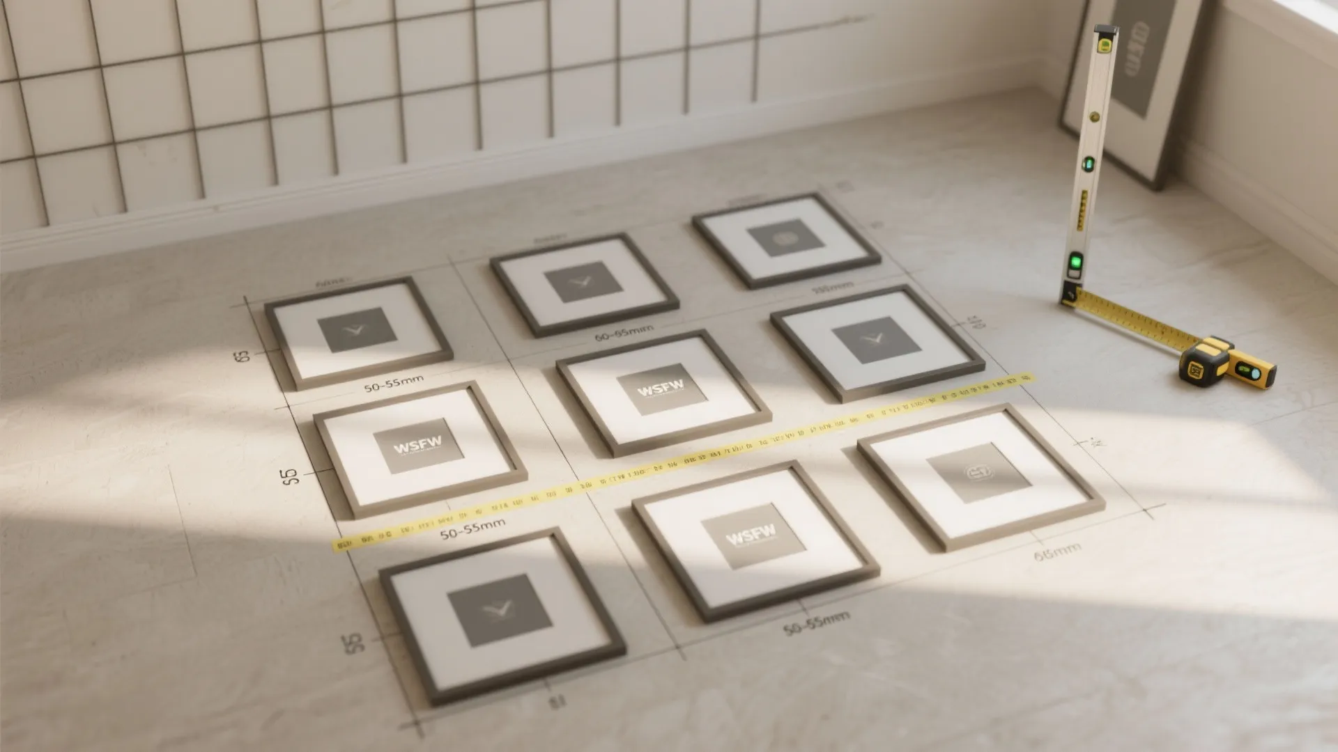Top-down layout of frames with painter’s tape, showing 3×3 grid spacing and measuring tools.