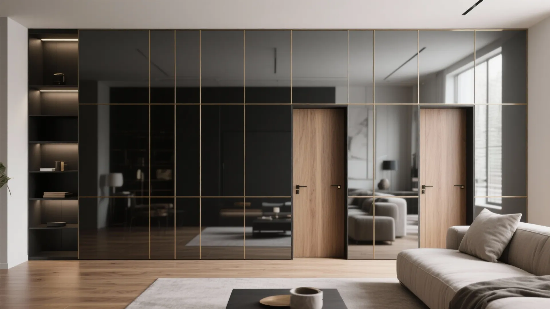 Living room featuring a dark mirrored wall with gold grid lines and two wooden doors