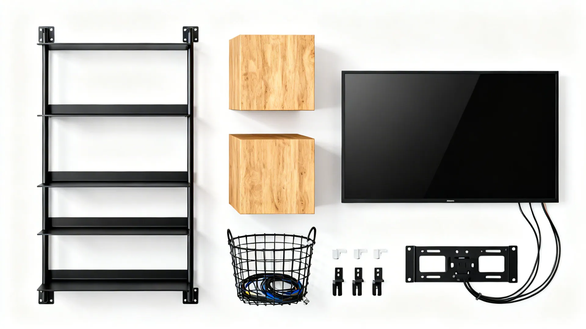 Top-down layout of steel frames, plywood cubes, baskets, and TV mount for a modular grid.