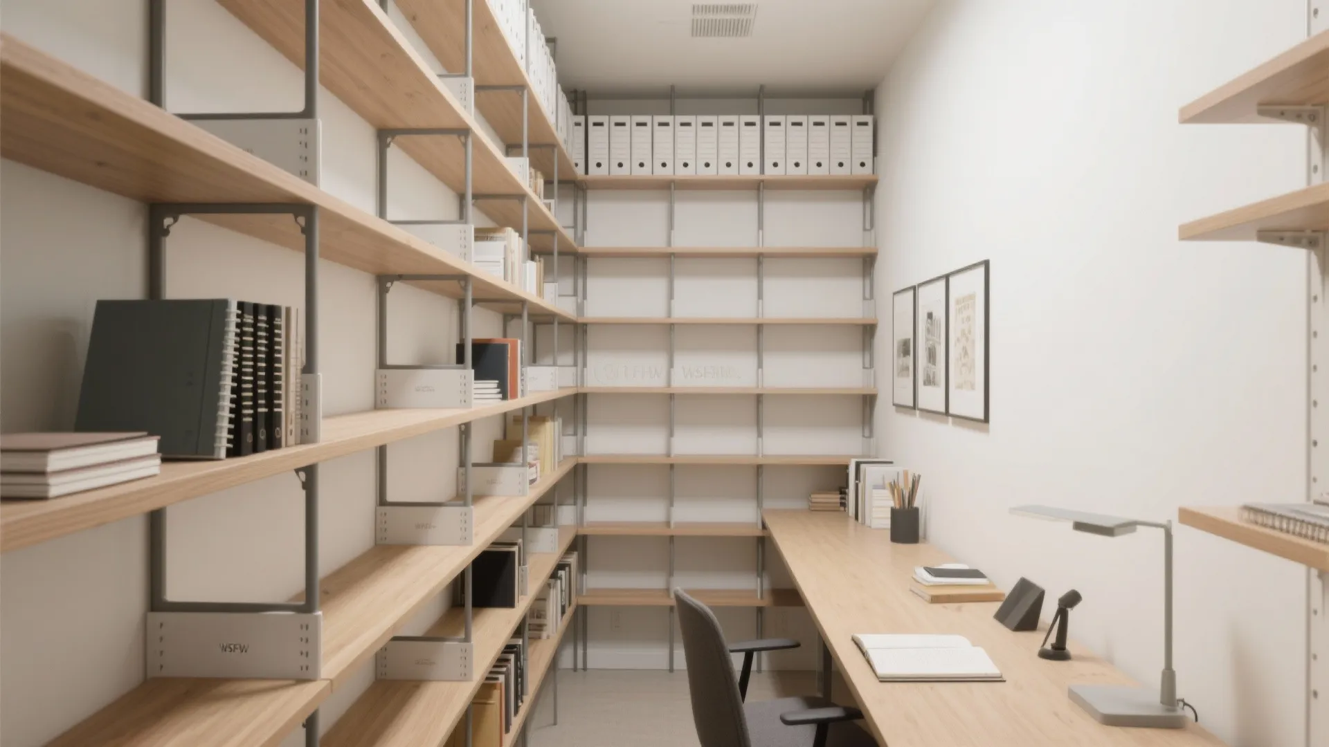 Modern home office room with wood shelves white wall folders long desk and grey chair