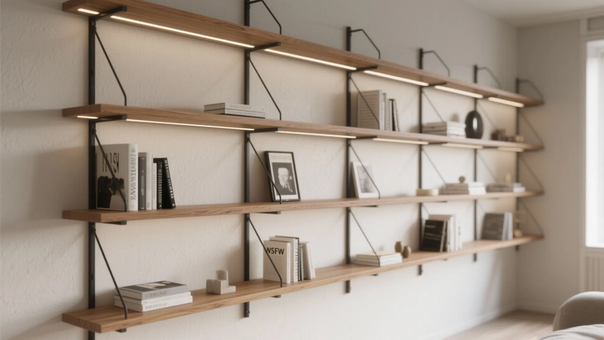 Minimalist Grid Shelving with Warm Wood & Hidden Lights