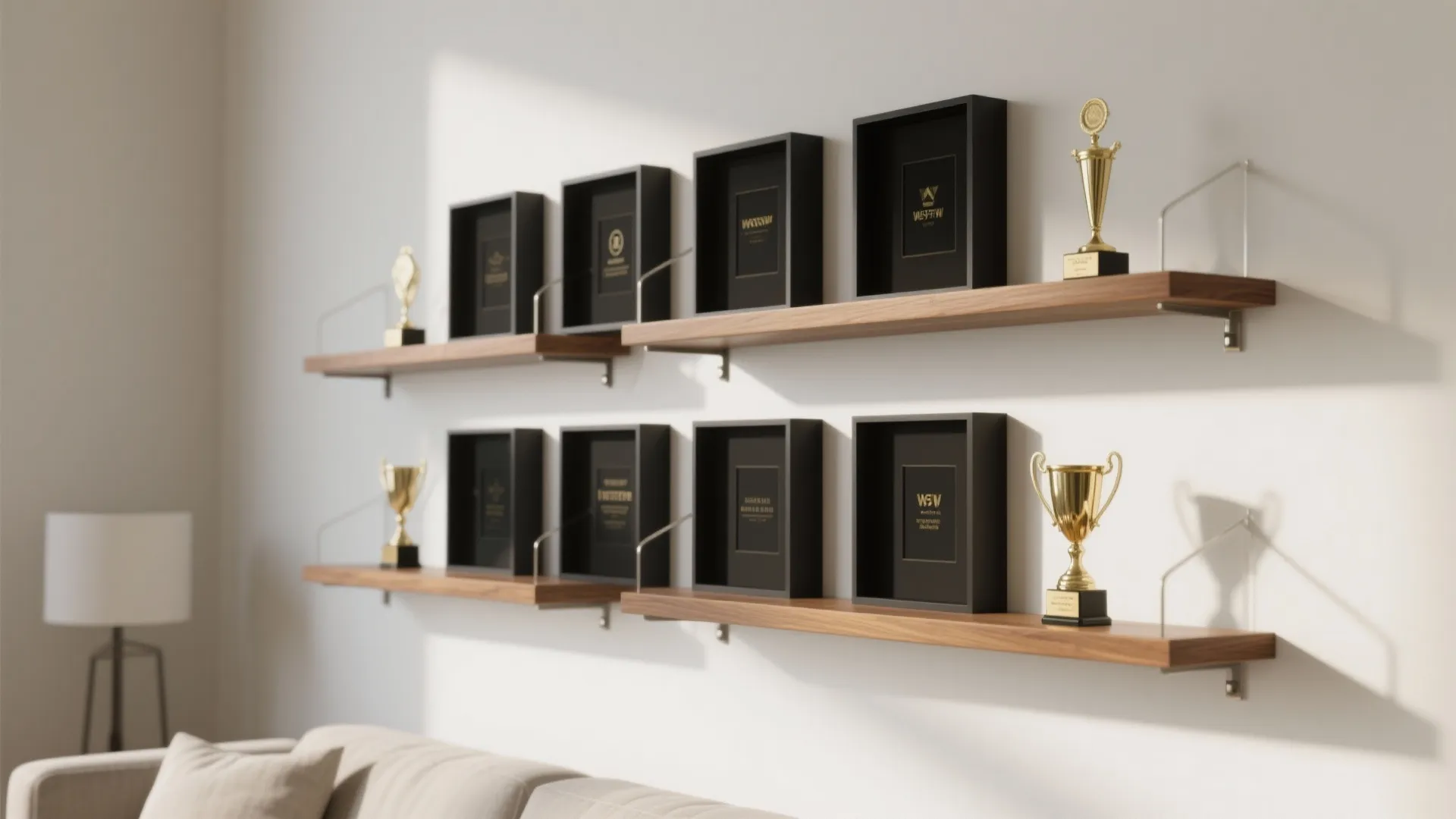 Modern wood wall shelves holding black picture frames and gold trophies above a beige sofa