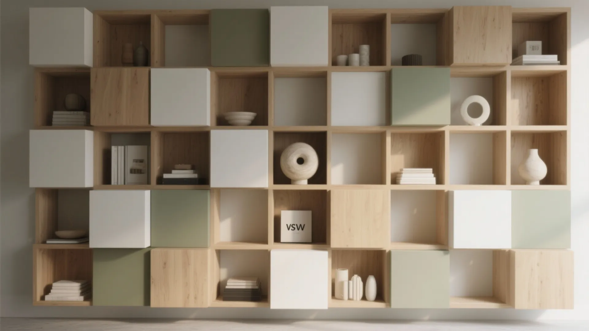 Asymmetrical grid shelves for a gallery feel