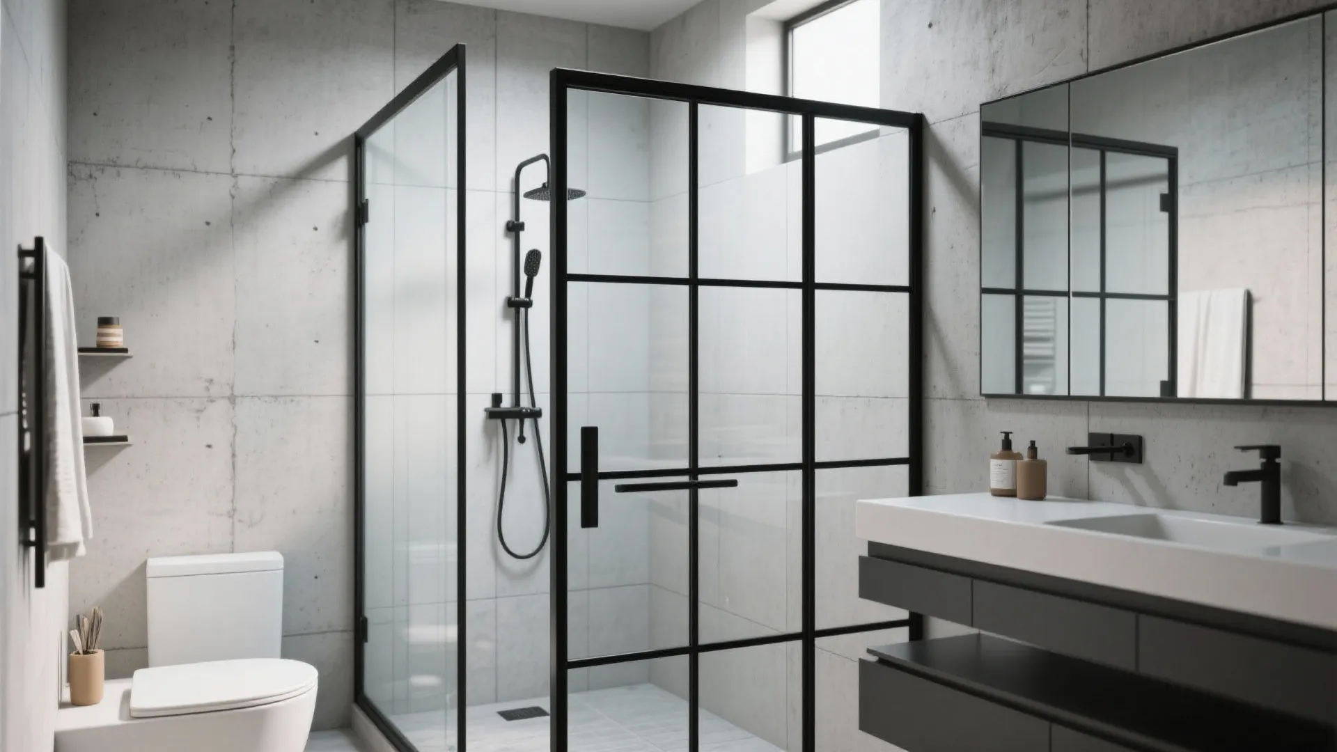 Modern bathroom featuring black framed glass shower screen white toilet and grey wall tile design