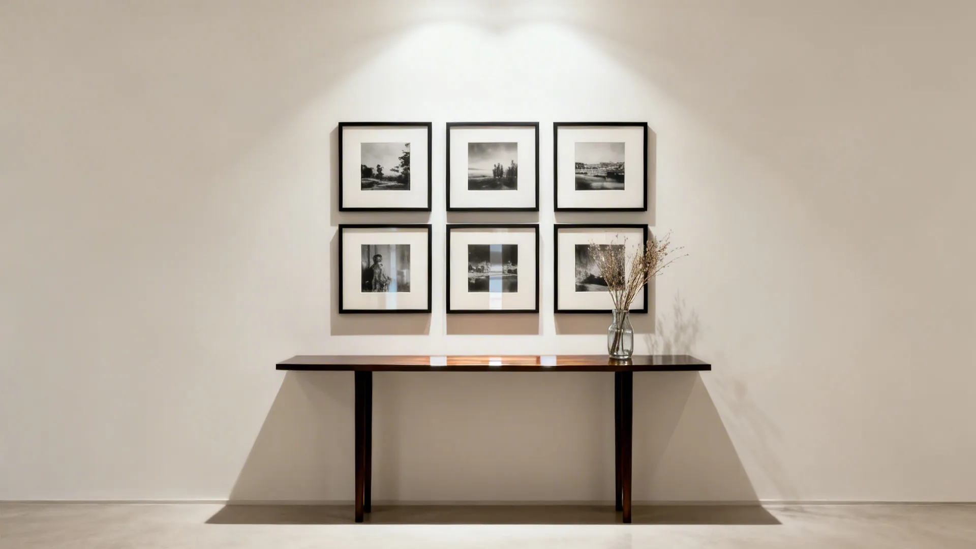 Nine-frame grid of small monochrome prints above a narrow console table