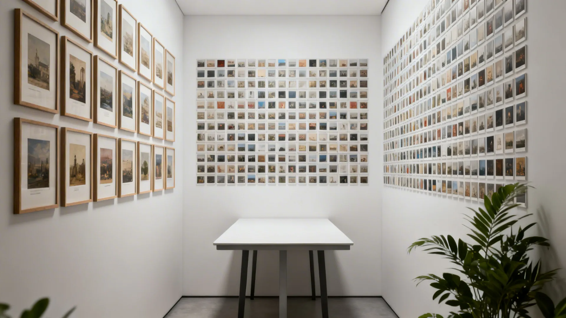 Compact dining nook with a precise grid of small uniform prints.
