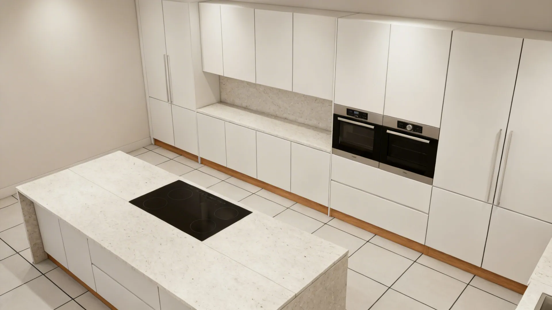 Top-down view of a kitchen layout with cabinets aligned to a precise modular grid in neutral finishes.