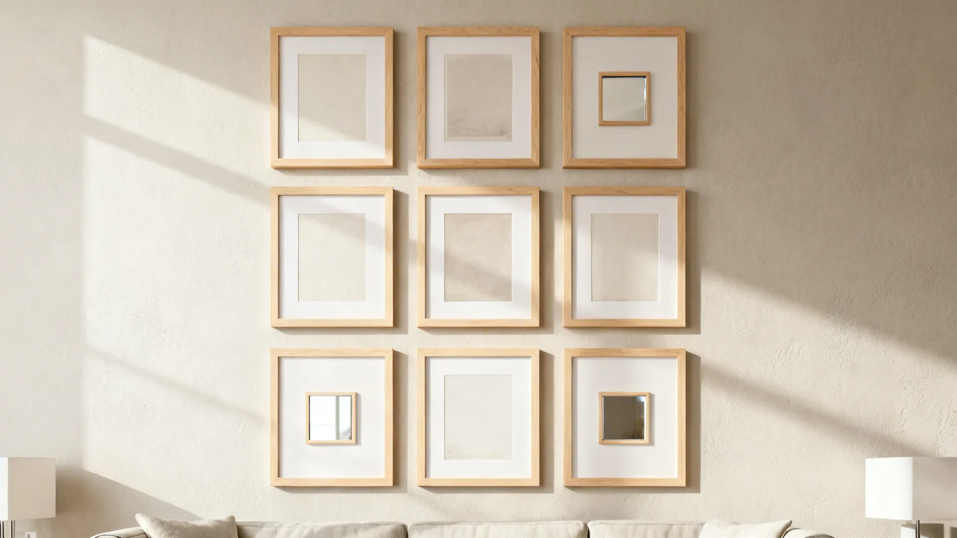 A 3x3 grid of thin maple frames with neutral prints and mirrors creating texture on a living room wall.