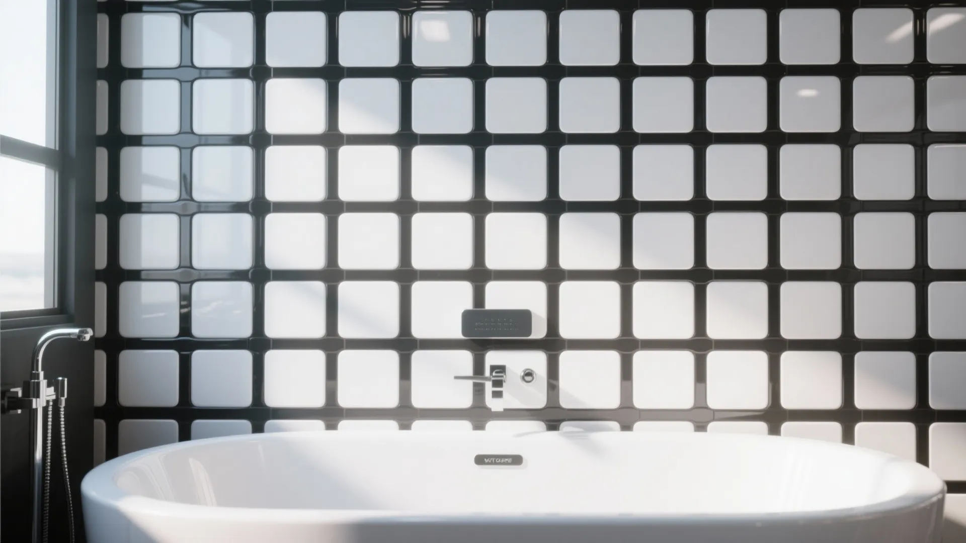 Sleek modern bathroom featuring a white bathtub against a black and white grid patterned wall