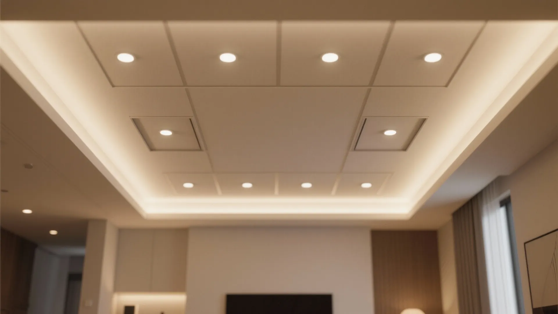 Modern ceiling design with grid pattern recessed light fixtures and warm glowing edge lighting effects