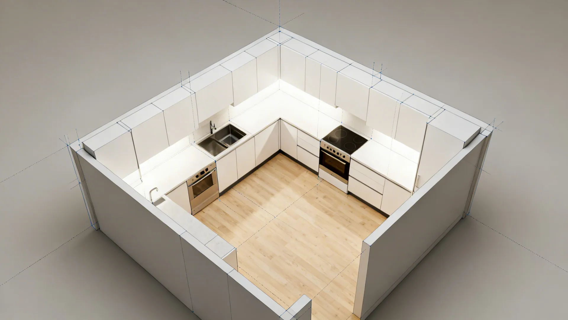 Top-down L-shaped kitchen plan showing a locked datum and modular cabinet grid.
