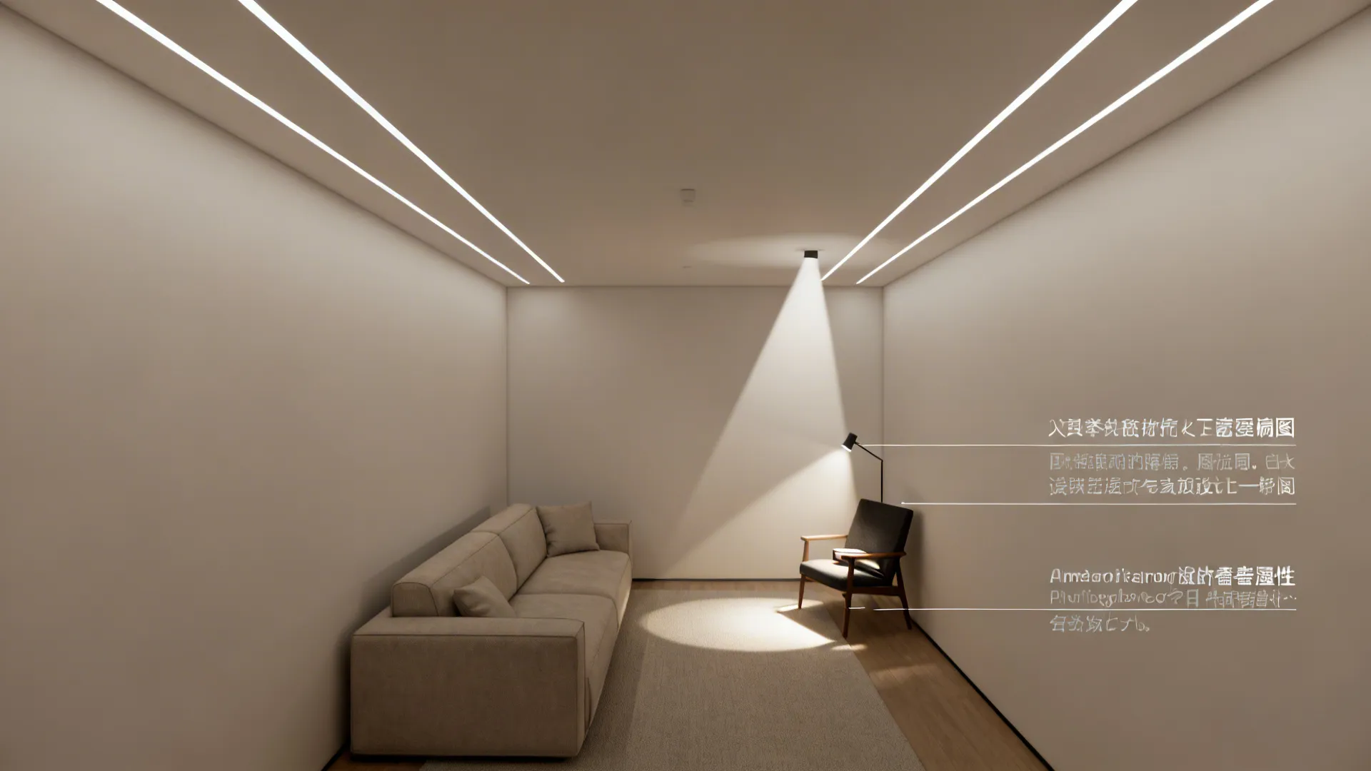 Top-down plan showing three recessed lighting lines with ambient and task zones.