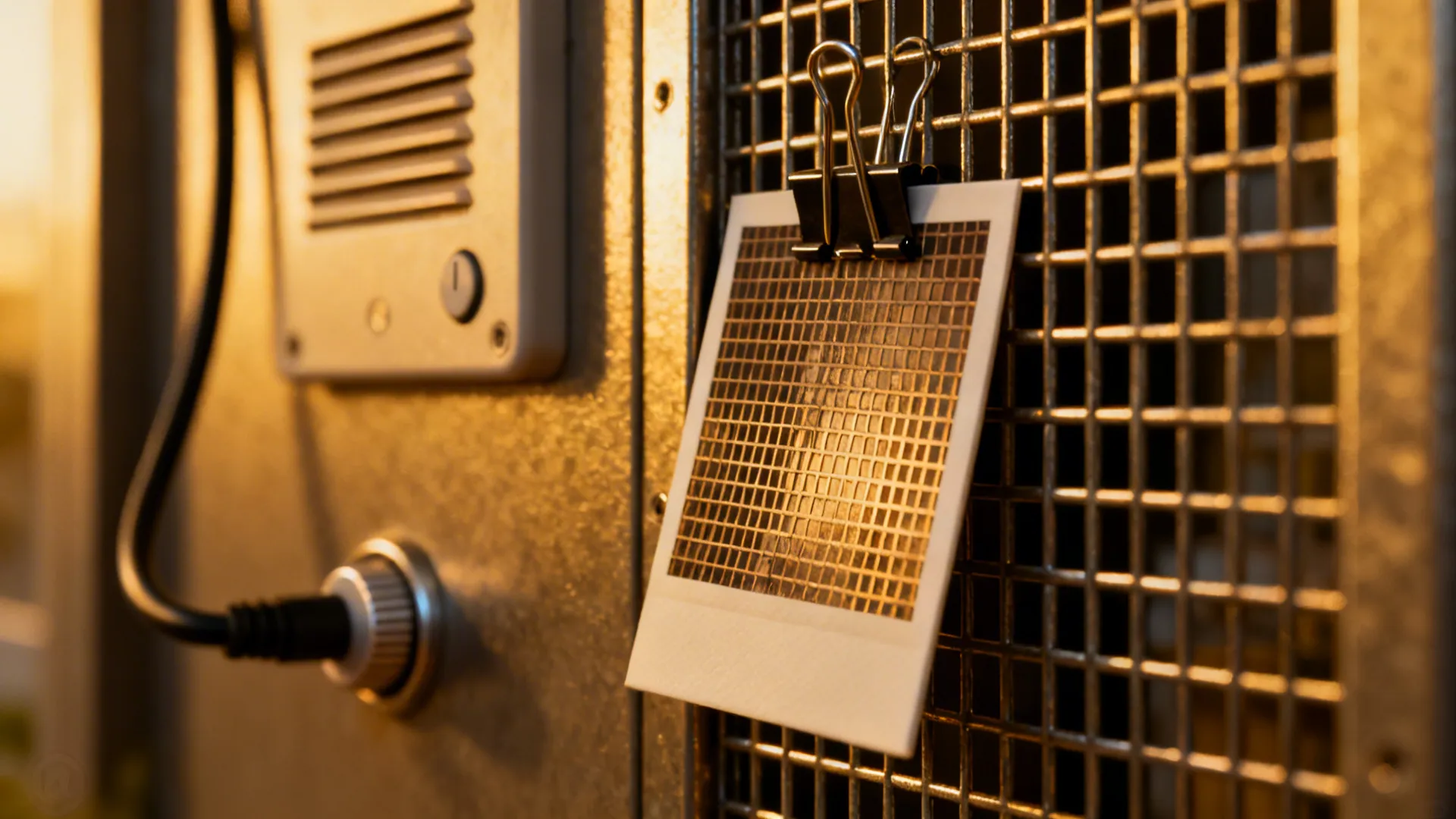 Macro detail of a metal grid with a clipped photo tile and soft spotlight grazing the surface.