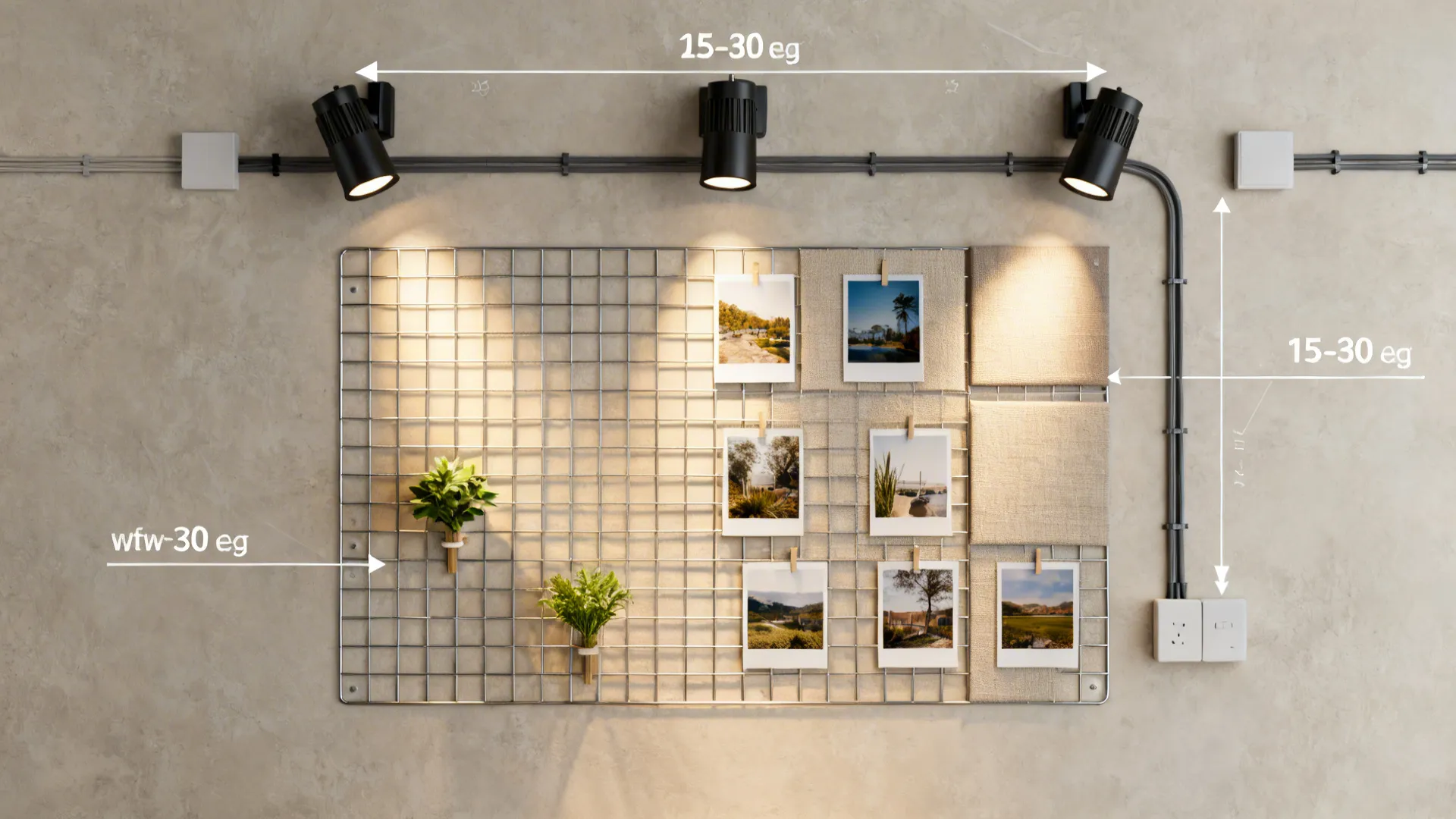 Top-down view of a metal grid photo wall with spotlights angled for soft grazing light.