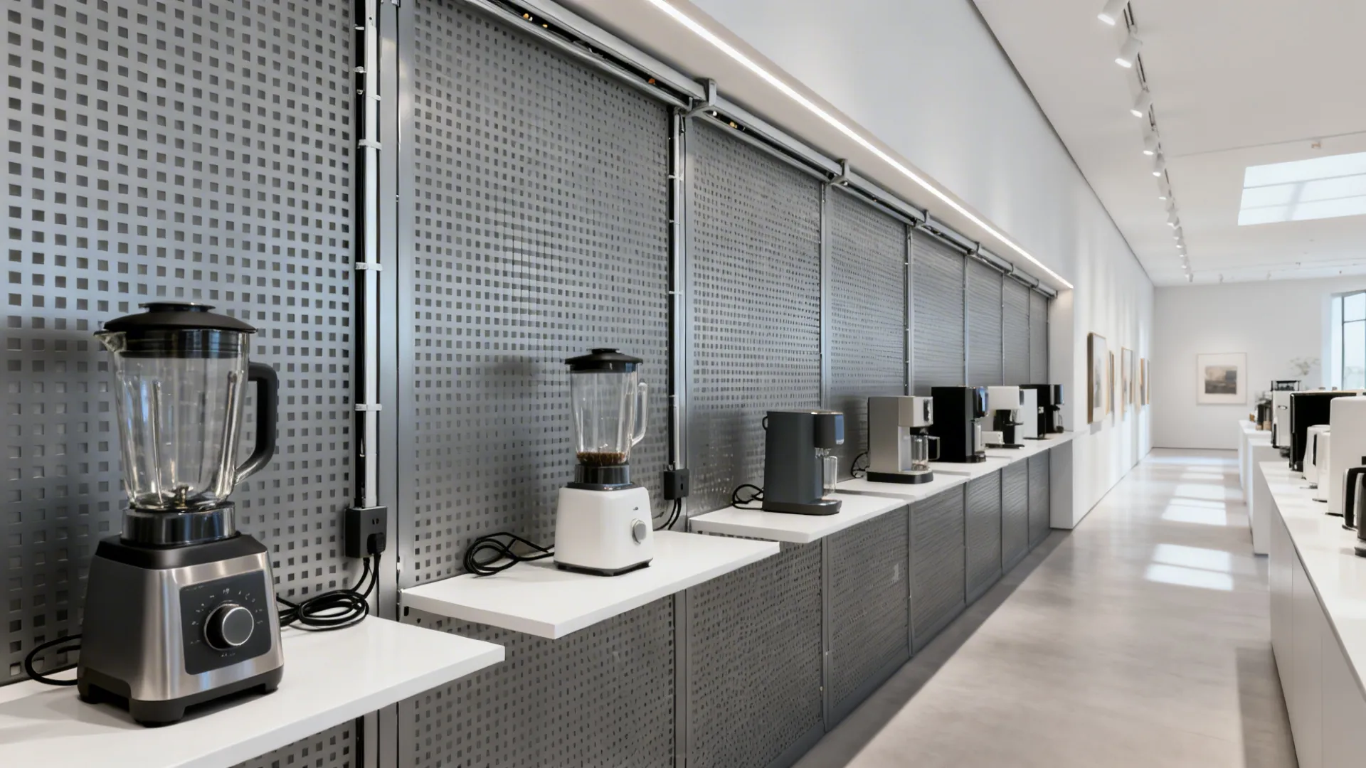 Kitchen appliances displayed on white shelves against a metal grid wall in a long modern showroom