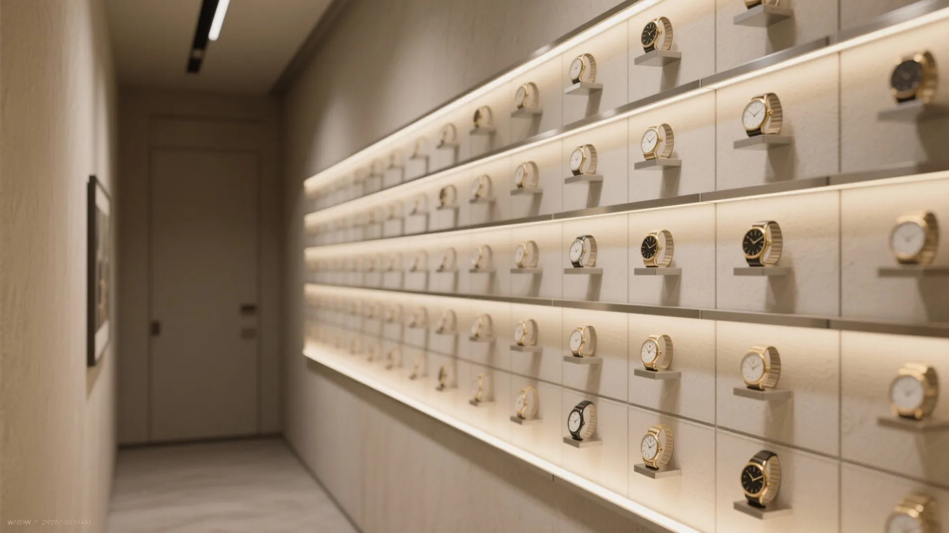 Minimalist Grid Watch Wall with Hidden Lighting