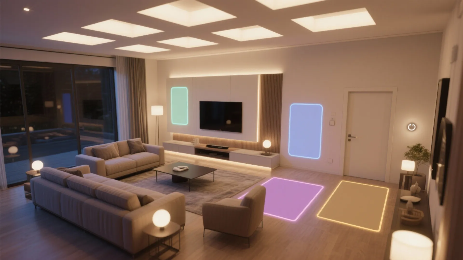 Spacious living room featuring glowing ceiling panels wall light accents and modern furniture with smart controls