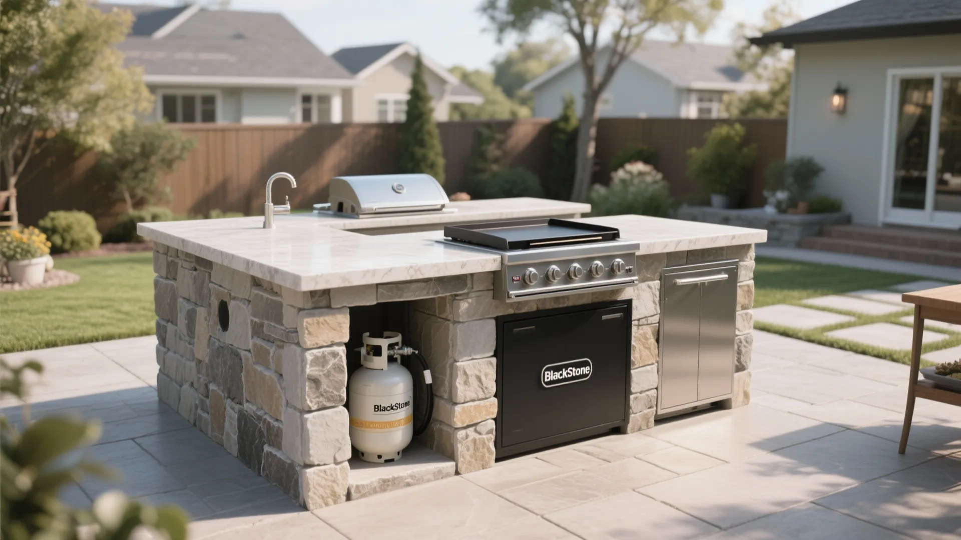 Stone outdoor kitchen island with built-in griddle, sink, gas tank, and light gray tiled floor