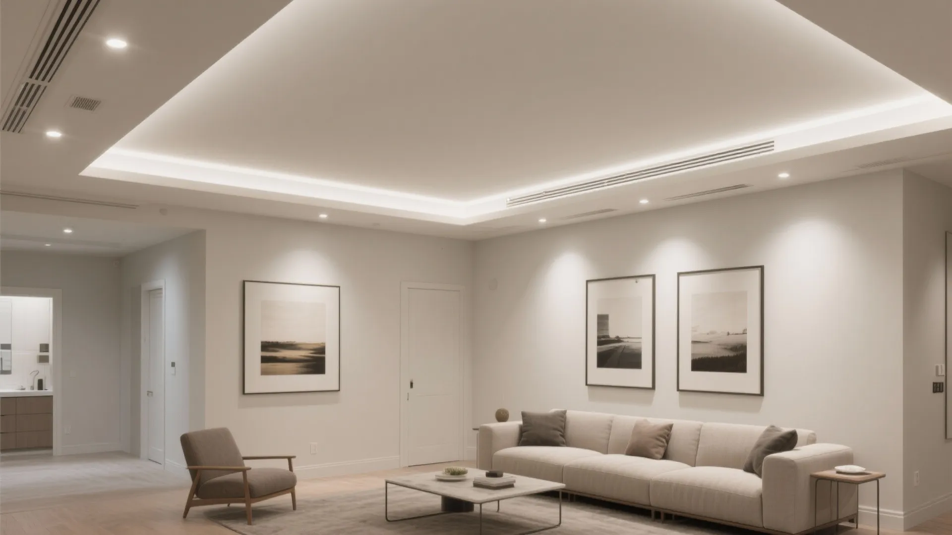 Gridless POP or gypsum false ceiling with flush lighting and hidden services in a square hall.