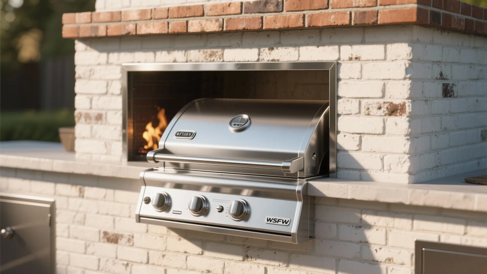 Stainless steel gas grill built into a white brick wall with fire burning behind it