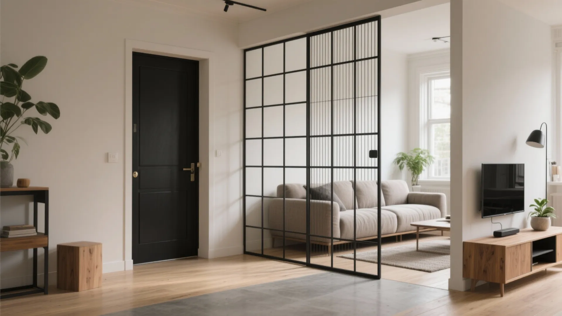 Interior living room with black framed glass partition wall separating the sofa and entryway area