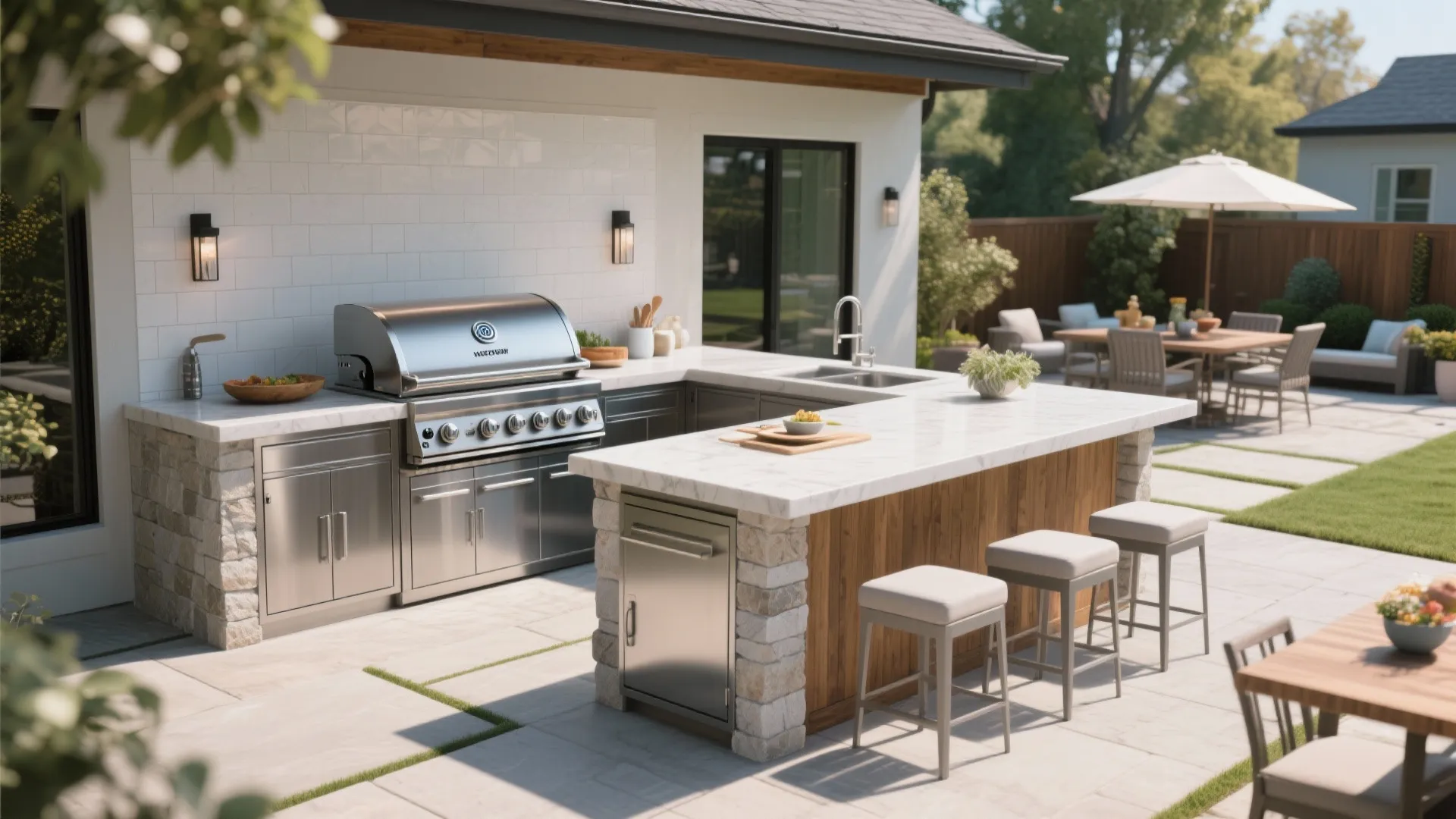 3. Built-In Grill Island with Weatherproof Cabinets